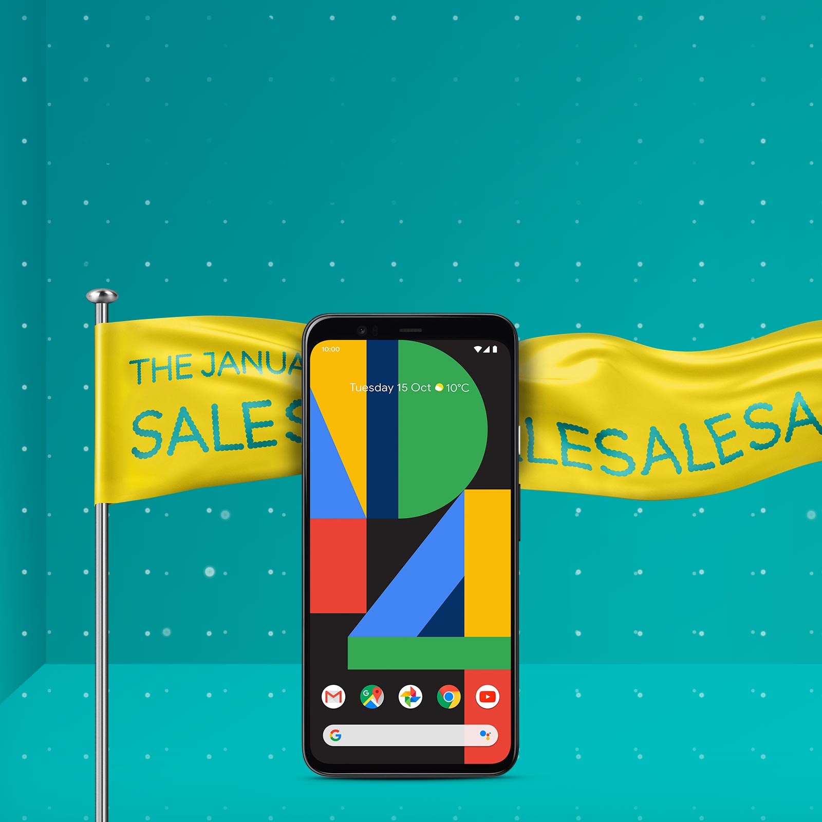 Google Pixel 4 with sales banner in background
