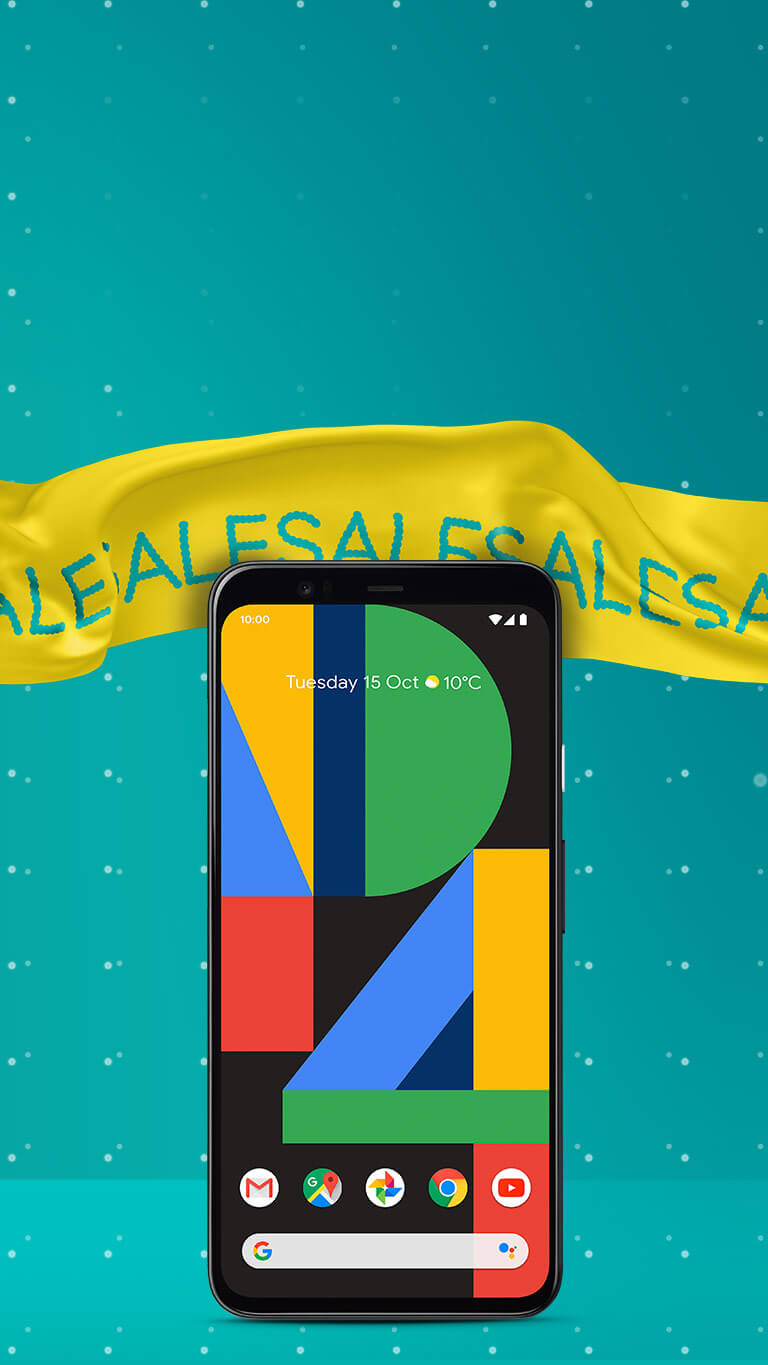 Google Pixel 4 with sales banner in background