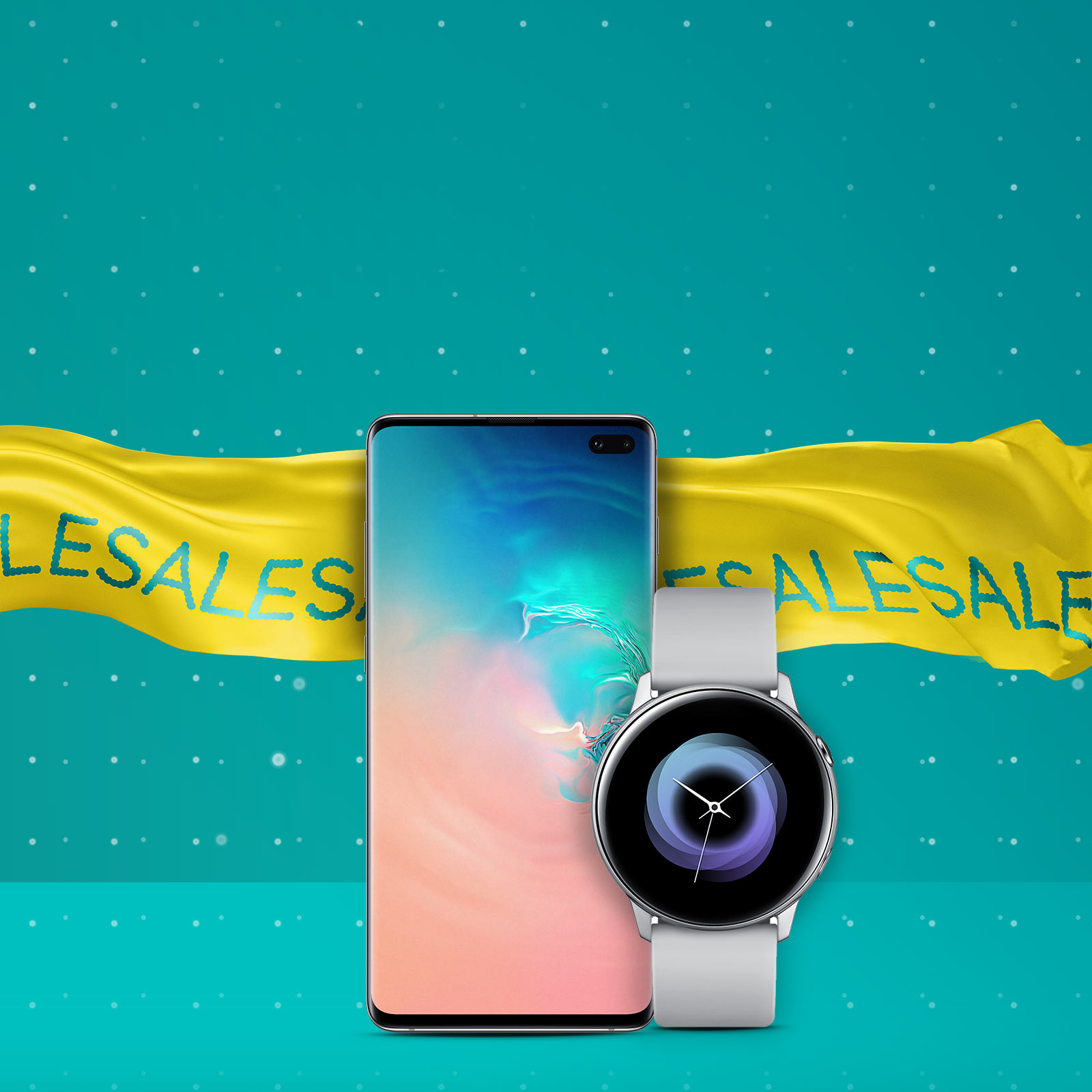 Samsung GS10+ with Galaxy Watch Active and sales banner in background