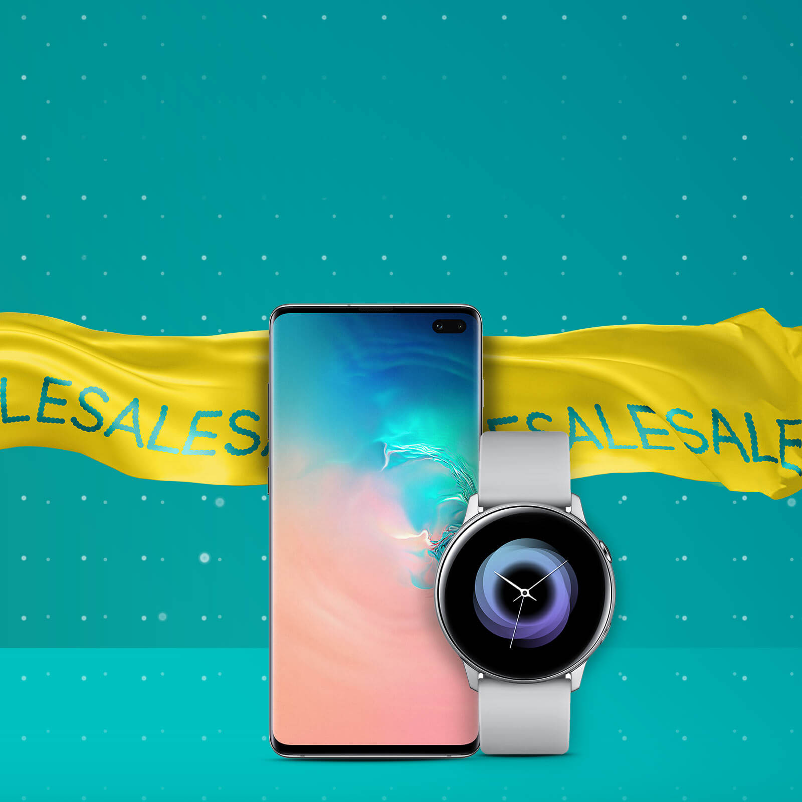 Samsung GS10+ with Galaxy Watch Active and sales banner in background