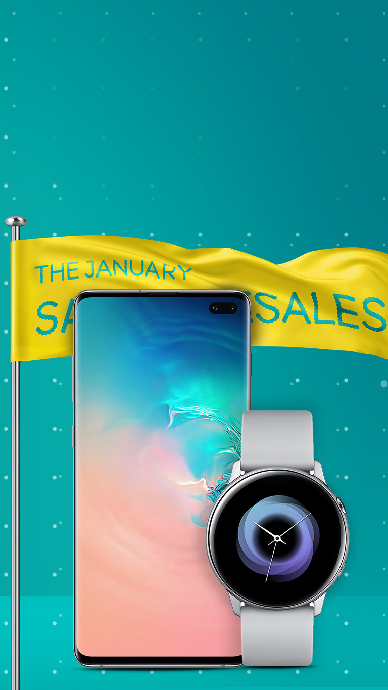 Samsung GS10+ with Galaxy Watch Active and sales banner in background