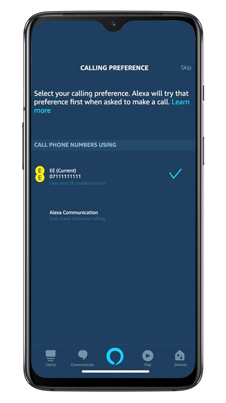 Image of phone with Alexa app open - selecting the customers phone number in the 'calling preference' section