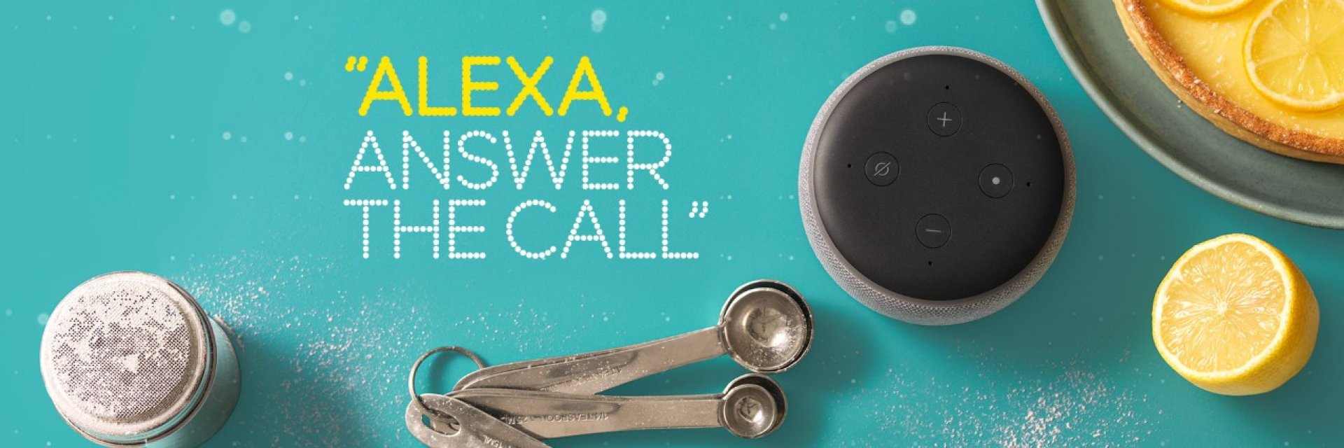Amazon Echo on a kitchen top with words "Alexa, answer the call" 