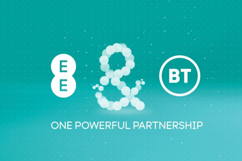EE and BT logos one powerful partnership on aqua background