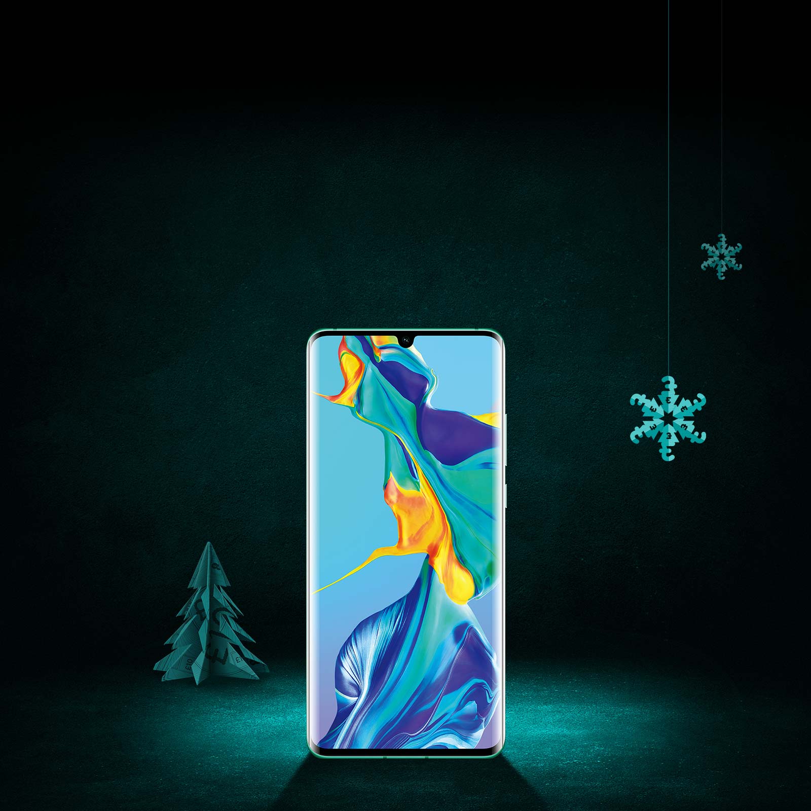 Huawei P30 pro on a black and aqua background