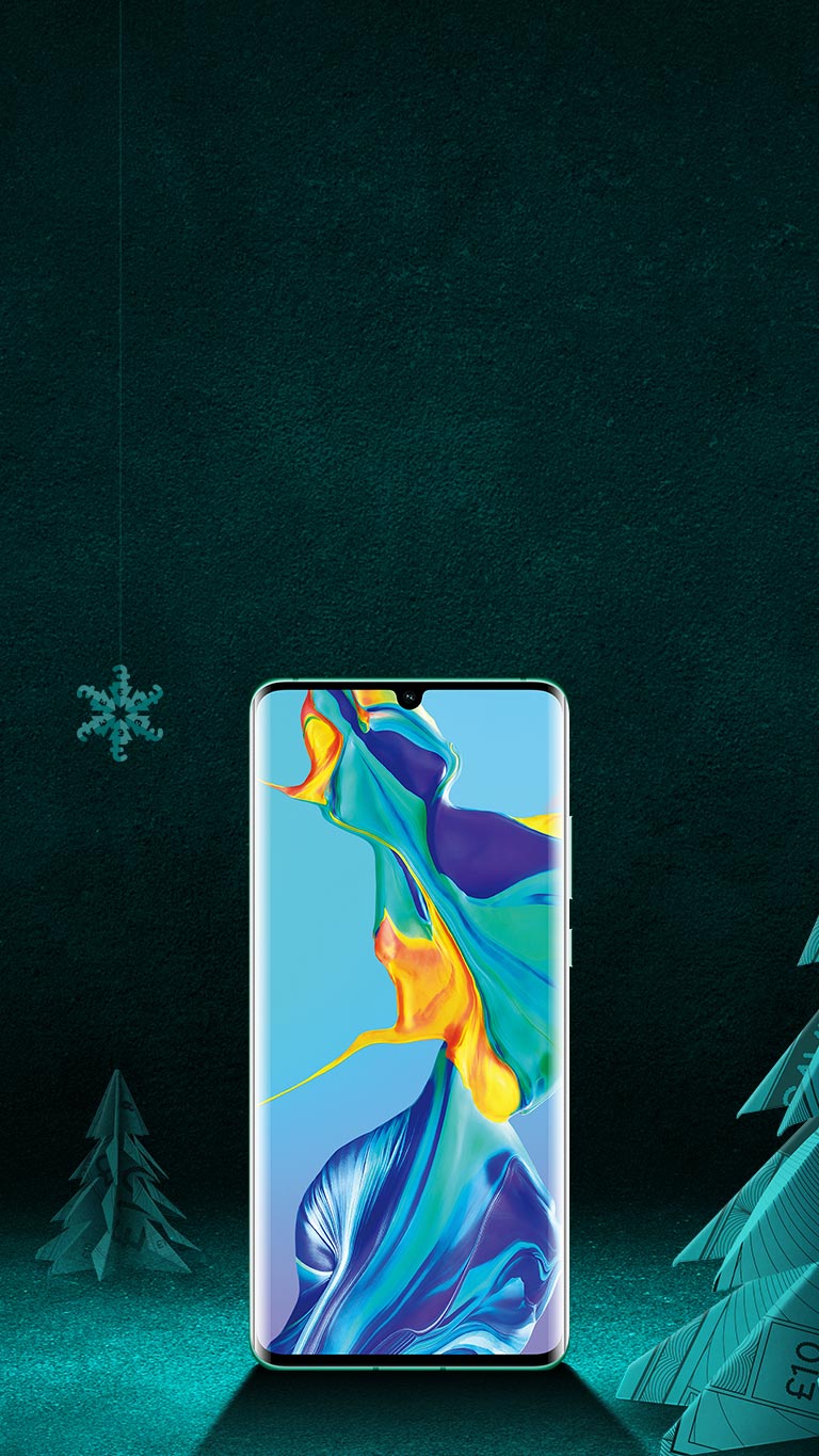 Huawei P30 pro on a black and aqua background