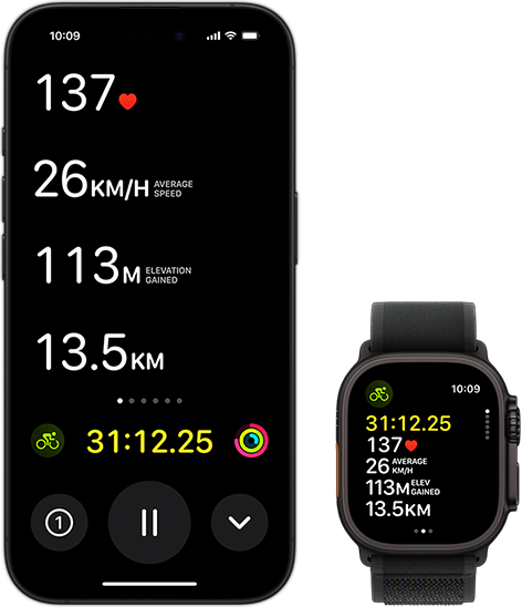 Live Activity showing a person’s biking metrics on both their Ultra 2 and their iPhone