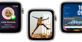 Translate app, Check in app, Photos face, Modular watch face, and Vitals app, on five Apple Watch SE devices