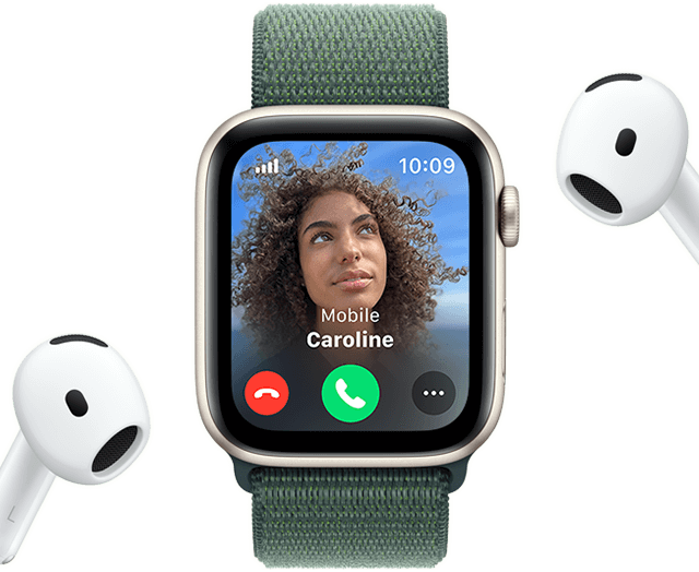 Incoming call on an Apple Watch SE, next to a pair of AirPods