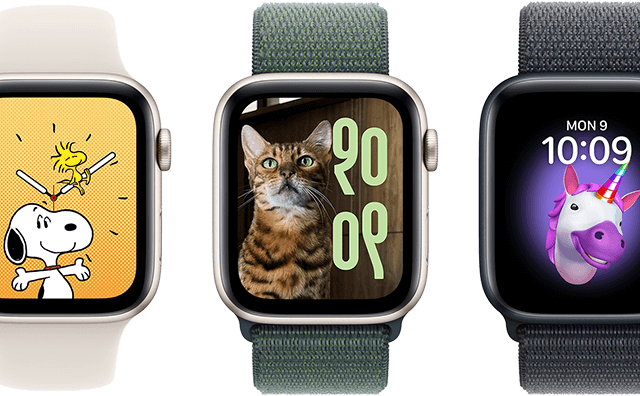 Watch face options, including Memoji, Photos, Portrait and Snoopy, on six Apple Watch devices