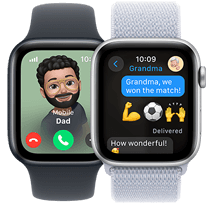 Two Apple Watch SE. The first shows an incoming call from Dad. The second shows a child texting "Grandma! We won the match!"