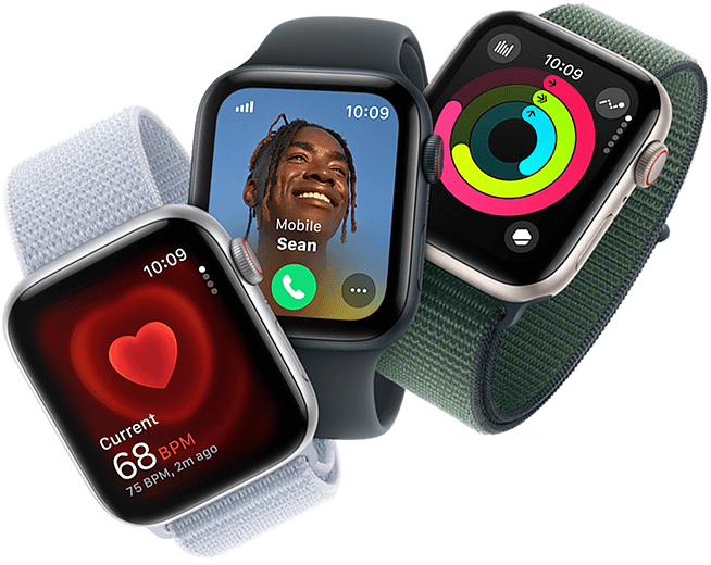 Heart rate monitoring, incoming call and Activity rings on three Apple Watch devices