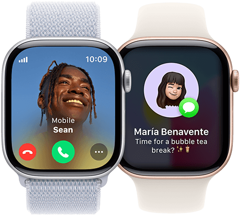 An incoming call on an Apple Watch Series 10 and an incoming text on another Apple Watch Series 10.