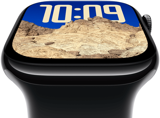 The screen of Apple Watch Series 10 tilting back to emphasise its larger screen area.