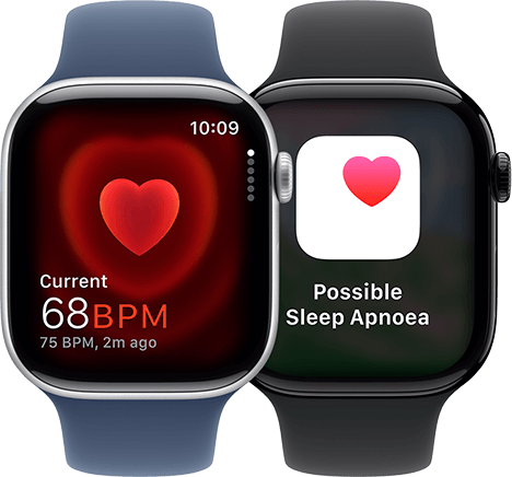 The Heart Rate app showing a current reading of 68 BPM and the sleep apnoea notification screen on two separate Apple Watch Series 10 devices.