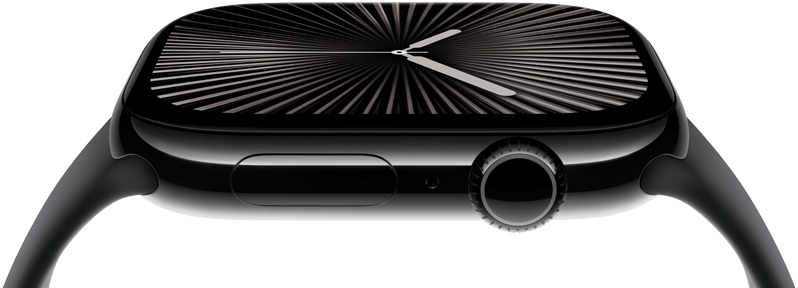 The screen and digital crown of an Apple Watch Series 10 seen from the side. The watch tilts sideways to show more of the screen.