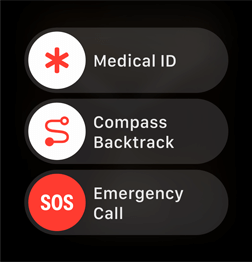 The emergency call slider being displayed along with the Medical ID and Compass Backtrack sliders.