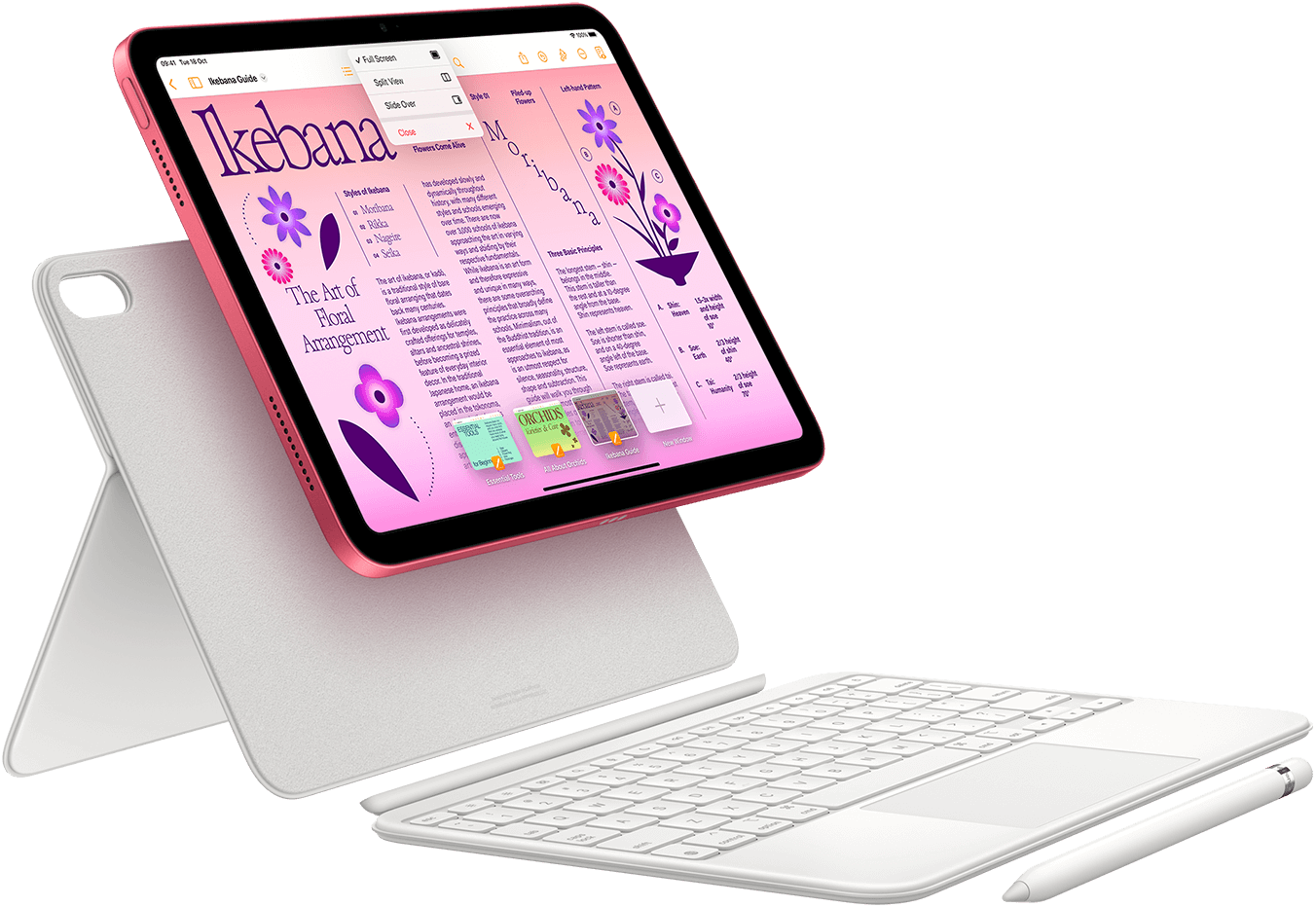 Showcasing iPad, Magic Keyboard Folio and Apple Pencil.