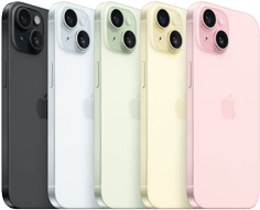 iPhone 15, back view showing advanced camera system and color-infused glass in all finishes: Black, Blue, Green, Yellow, Pink.