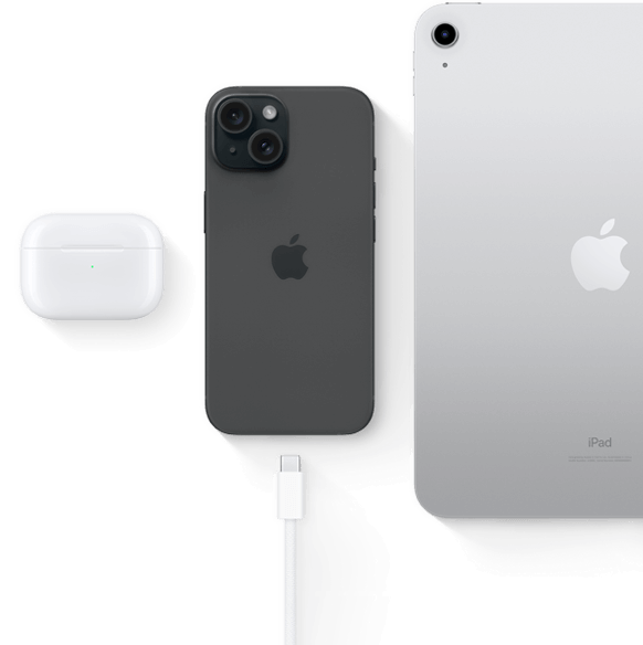 iPhone 15 with USB-C connector showing same connector can be used with AirPods Pro and iPad