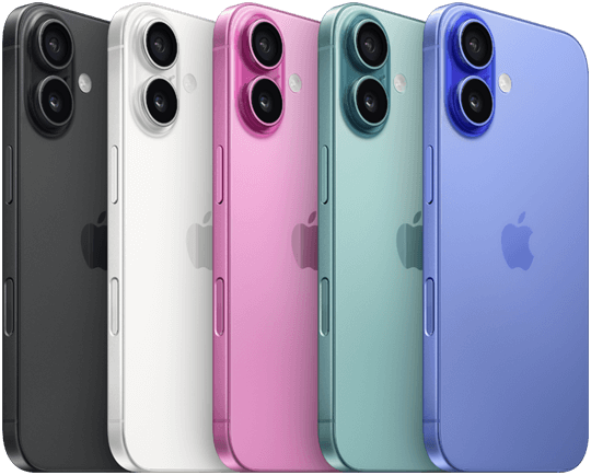 iPhone 16, back exterior, raised advanced dual-camera system, Apple logo in centre, all five finishes, Black, White, Pink, Teal, Ultramarine