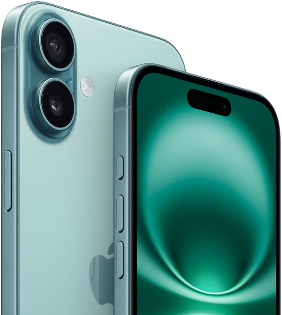 iPhone 16 Plus and iPhone 16, Action button, volume buttons, side button and Camera Control, front exterior all-screen design, Dynamic Island centred near top, back exterior, Teal finish, raised advanced dual-camera system in top left corner, Apple logo in centre