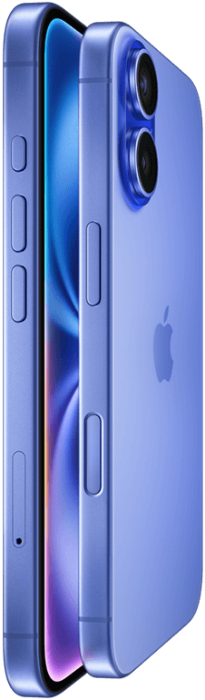 Two iPhone 16 devices, side exterior, stacked facing each other in Ultramarine finishes, volume buttons, Action button, Side button, Camera Control button, Apple logo in centre, raised Advanced dual-camera system