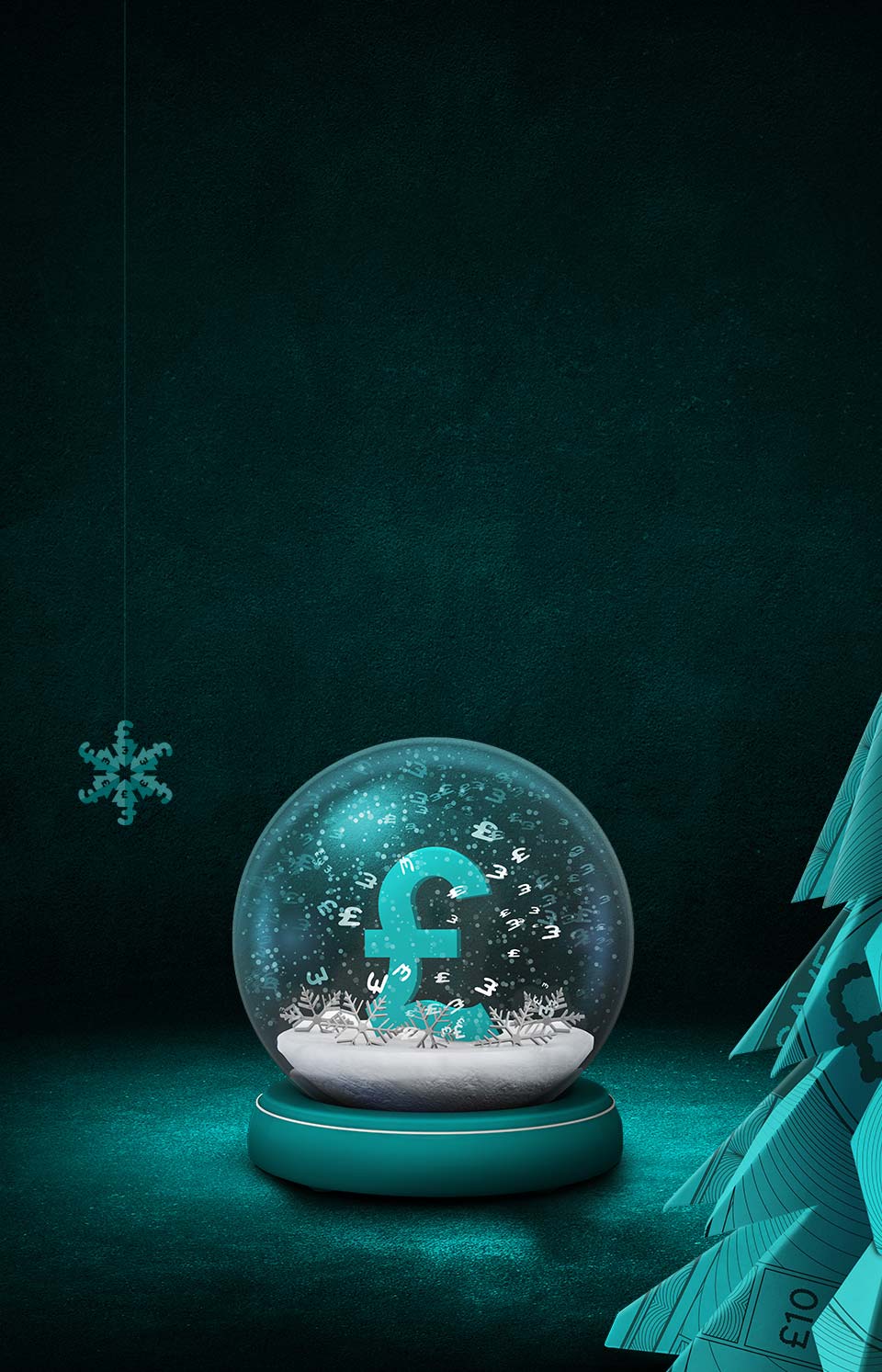  Snow globe with pound sign on a black and aqua background 
