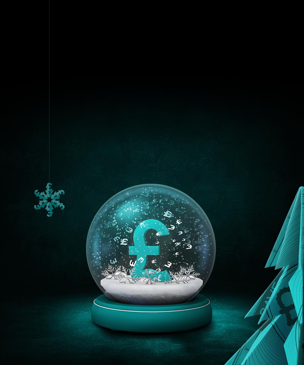  Snow globe with pound sign on a black and aqua background 