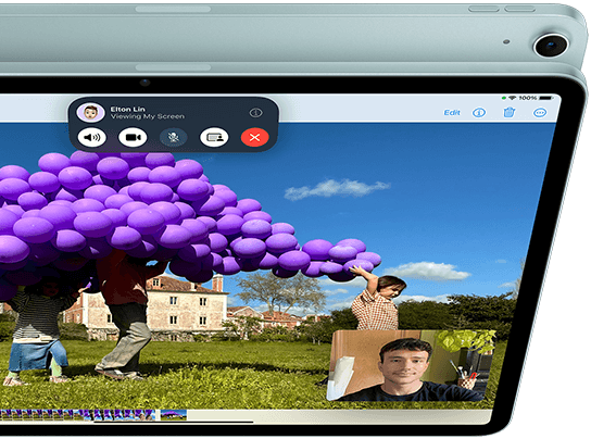 iPad Air with 12MP Ultra Wide front camera showing SharePlay feature in FaceTime