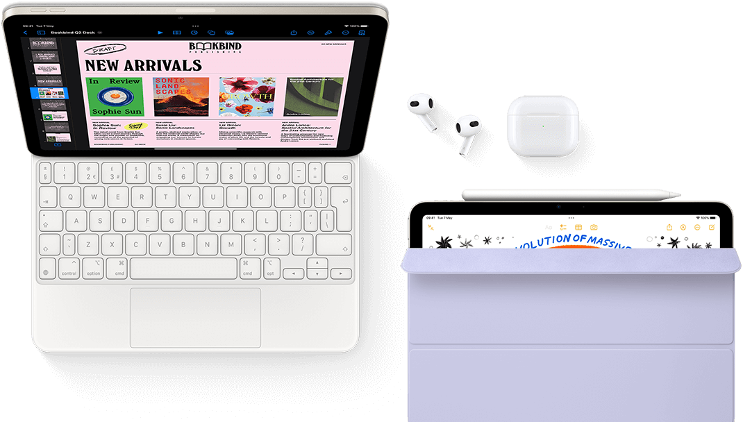 iPad Air attached to Magic Keyboard, with Airpods Pro, Apple Pencil Pro, and Smart Folio accessories