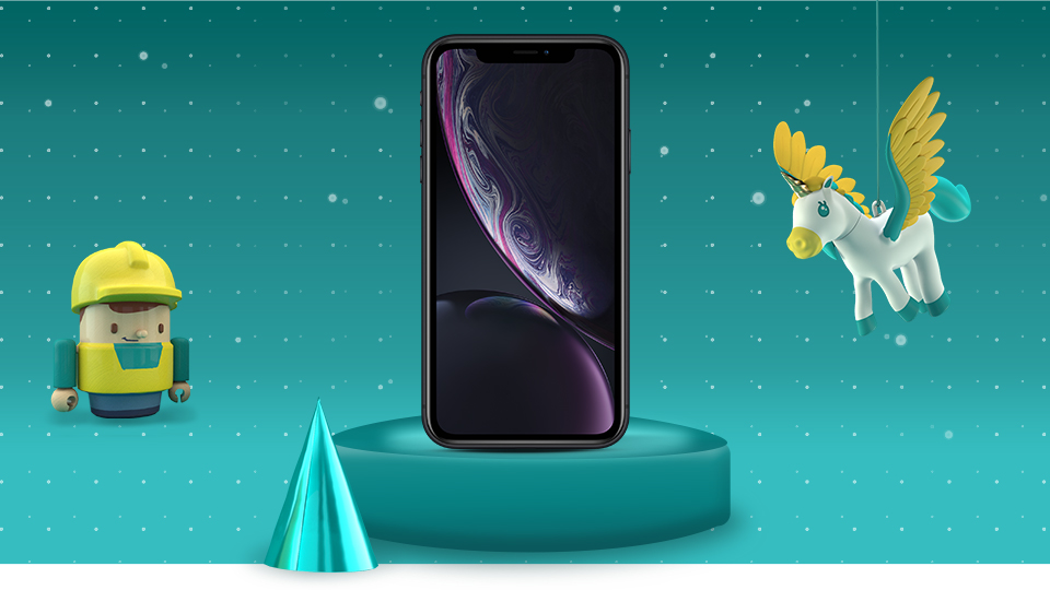 iphone xr on a xmas themed green background with flying unicorn and little man characters