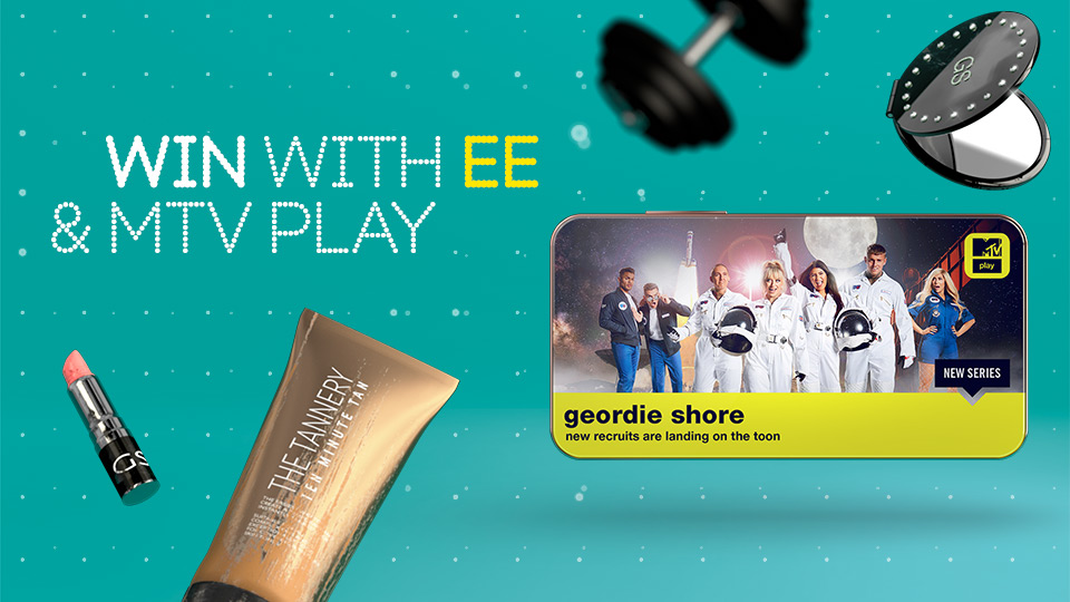 Geordie Shore displaying on the back of a smartphone against an aqua backdrop