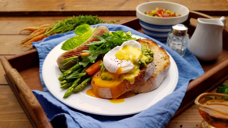 a plate of food, featuring asparagus, egg on toast and a sausage