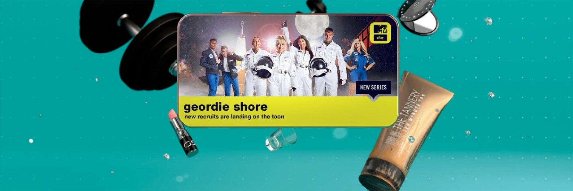 An scene from Geordie Shore shown on a mobile, with an aqua background featuring 'exploding' makeup items