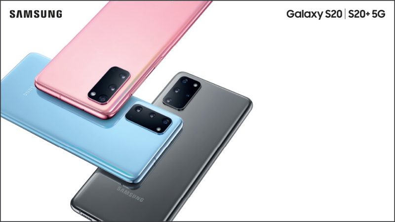 Samsung Galaxy S20 and S20+ 5G blue, pink and grey smartphones