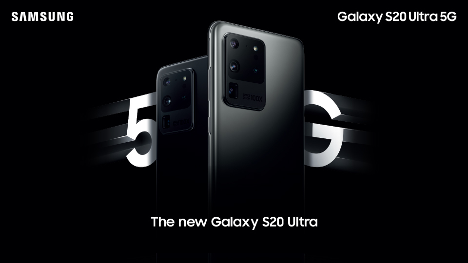 two Samsung Galaxy Ultra 5G phones facing backwards on a black background with the words 5G in the background