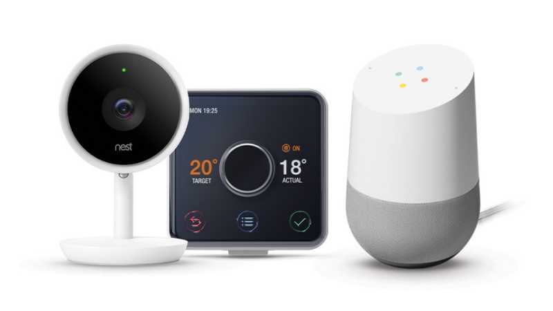 A nest camera, Hive thermostat and Google Home device