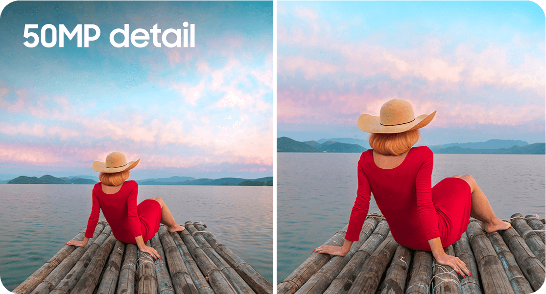 a woman in a red dress and a hat sitting on a wooden raft