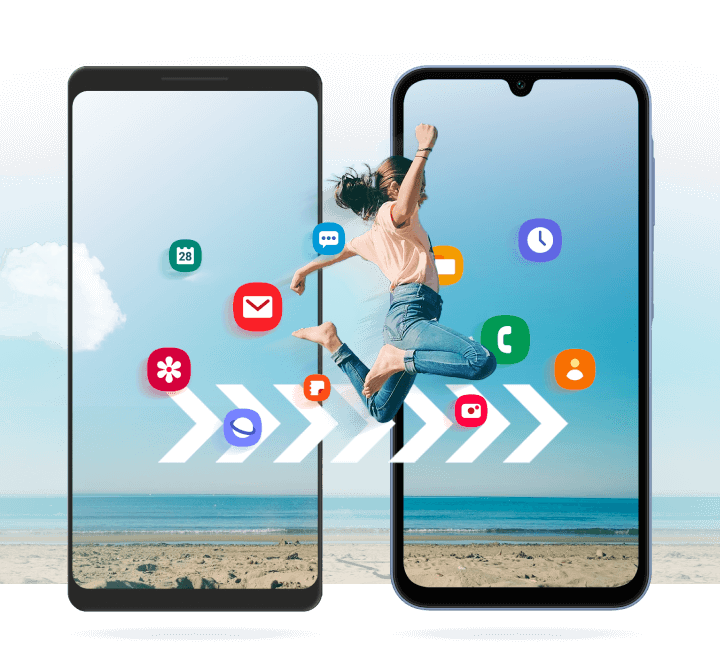 Two mobile phones with illustrated icons and a woman jumping from screen to screen to illustrate moving your contents from one device to another.