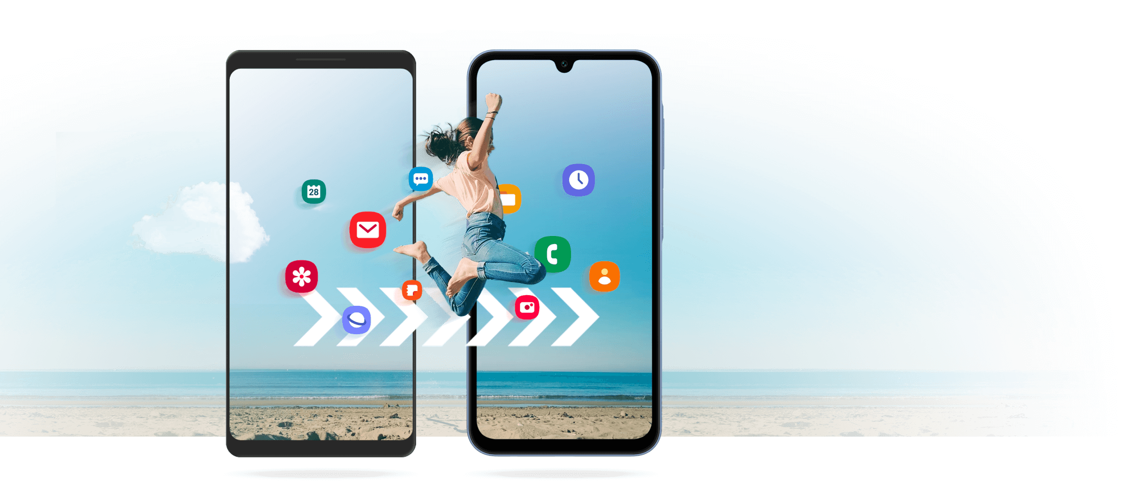 Two mobile phones with illustrated icons and a woman jumping from screen to screen to illustrate moving your contents from one device to another.