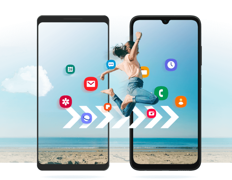 Two mobile phones with illustrated icons and a woman jumping from screen to screen to illustrate moving your contents from one device to another.