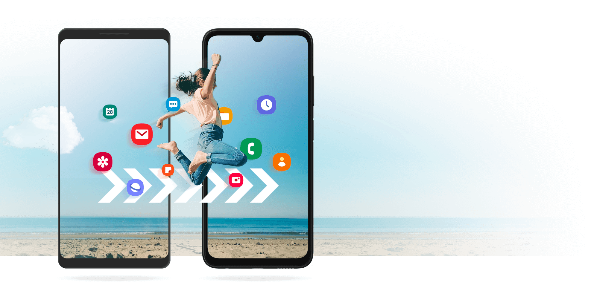 Two mobile phones with illustrated icons and a woman jumping from screen to screen to illustrate moving your contents from one device to another.