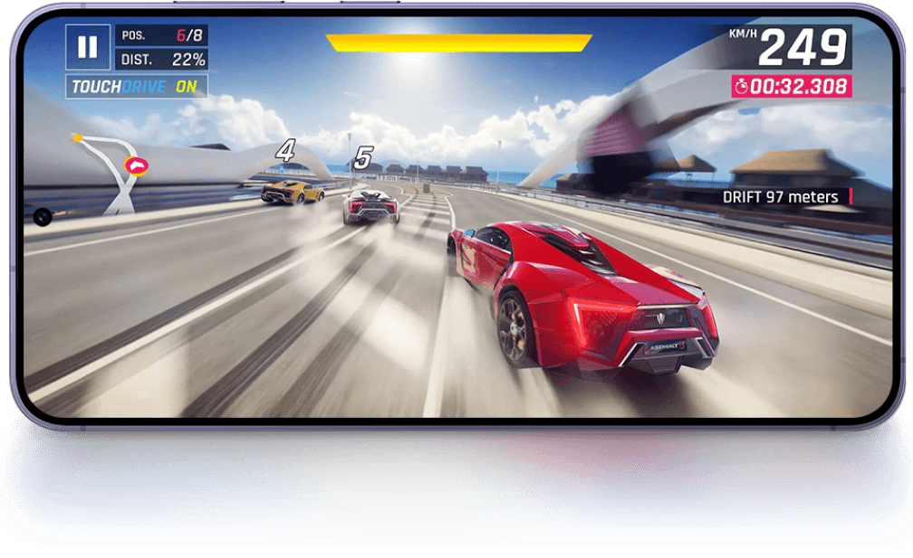 Photo of the Samsung Galaxy device playing a racing game.