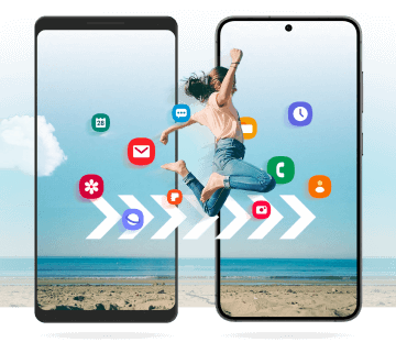 Two mobile phones with illustrated icons and a woman jumping from screen to screen to illustrate moving your contents from one device to another.