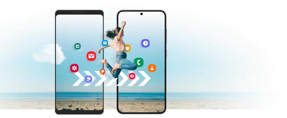 Two mobile phones with illustrated icons and a woman jumping from screen to screen to illustrate moving your contents from one device to another.