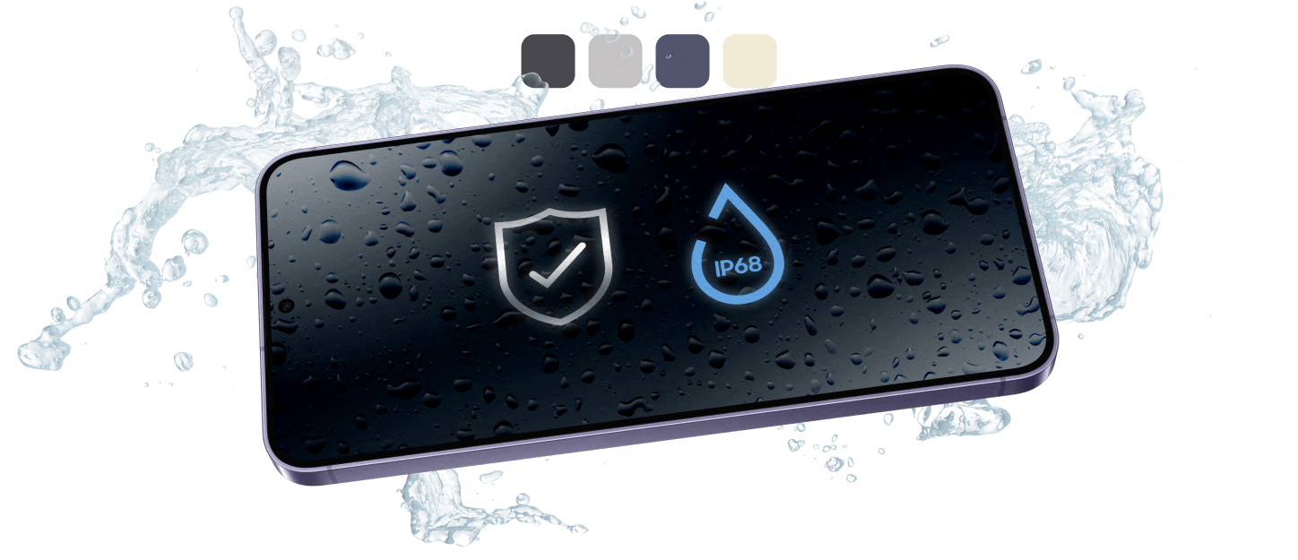 Image of Samsung Galaxy device with guard & IP68 icon on it's screen with a watery background showcasing it's durability.