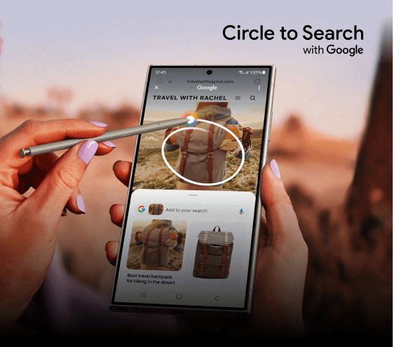 A close up of a phone screen with the user circling a picture of a backpack with their S Pen to search the internet for it.