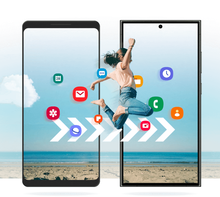 Two mobile phones with illustrated icons and a woman jumping from screen to screen to illustrate moving your contents from one device to another.