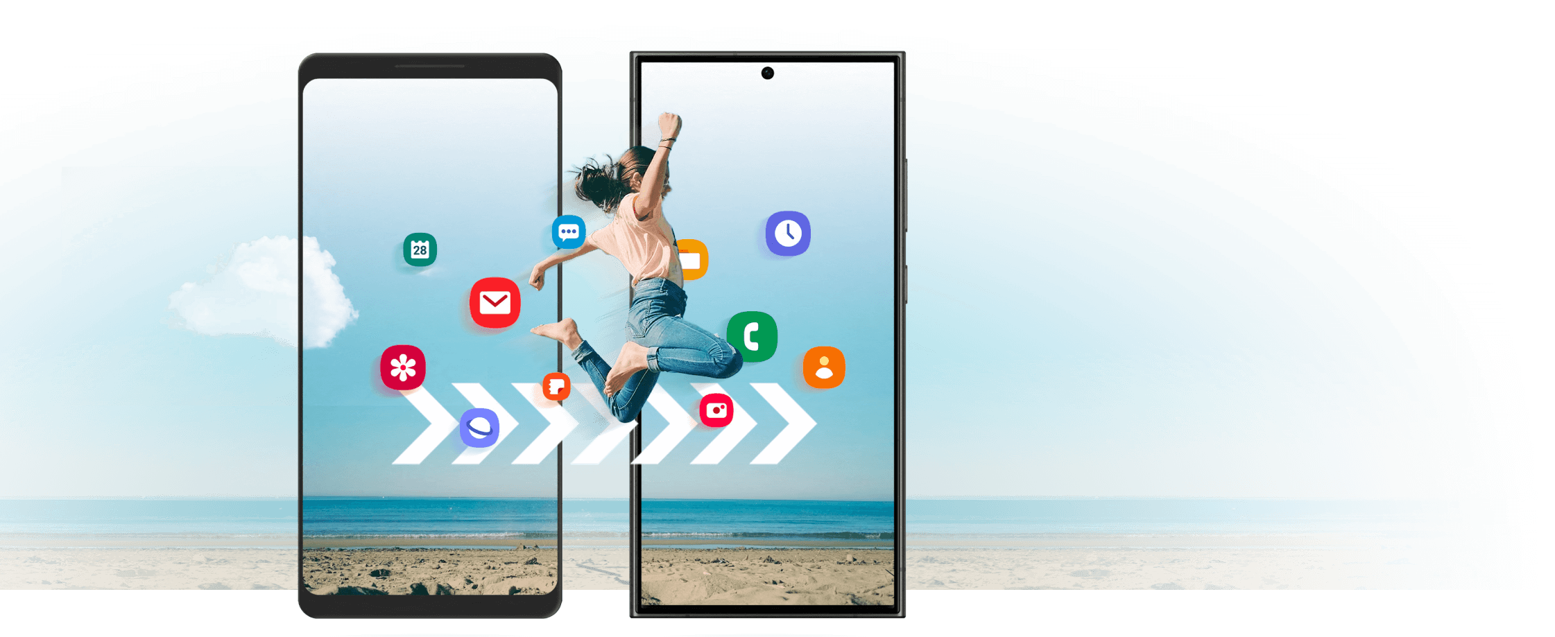 Two mobile phones with illustrated icons and a woman jumping from screen to screen to illustrate moving your contents from one device to another.